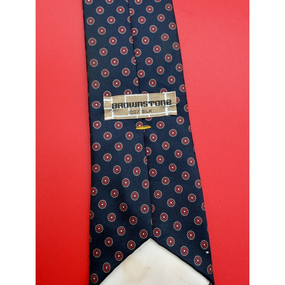 Vintage Brownstone Silk Tie Navy W/ Red Geometric Oval Flowerette Pattern